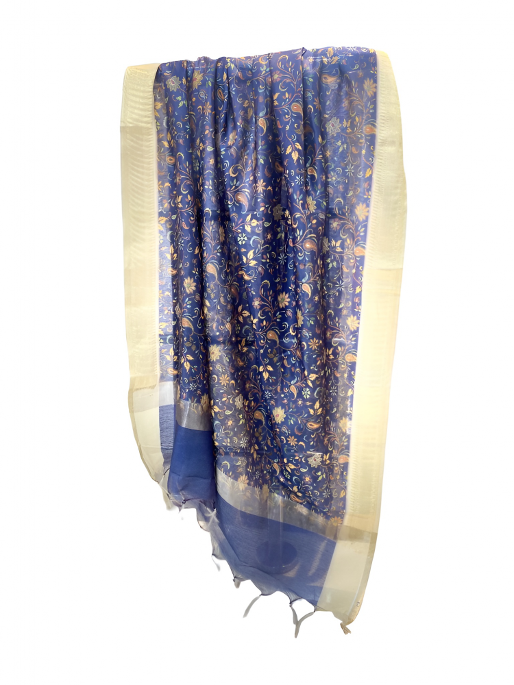 Navy Blue Chanderi Dupatta With All Over Print And Gold Zari Border. Sku 110737