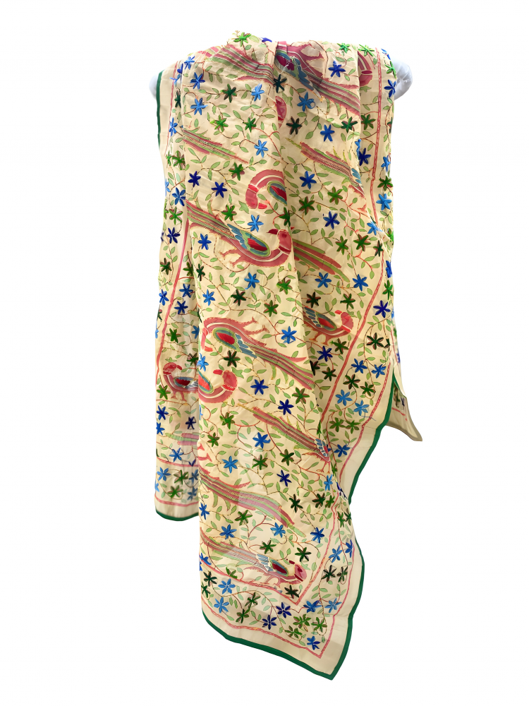 Beige Chanderi Dupatta With Bird Thread Embroidered Katha Work. Sku 115409