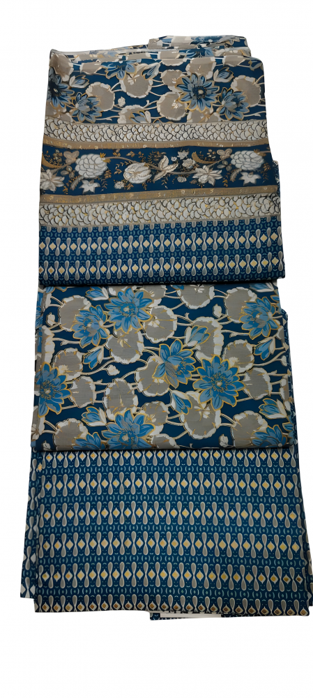 Blue Cotton 3 Piece Unstiched Suit With Hand Block And Foil Print. Sku 118997