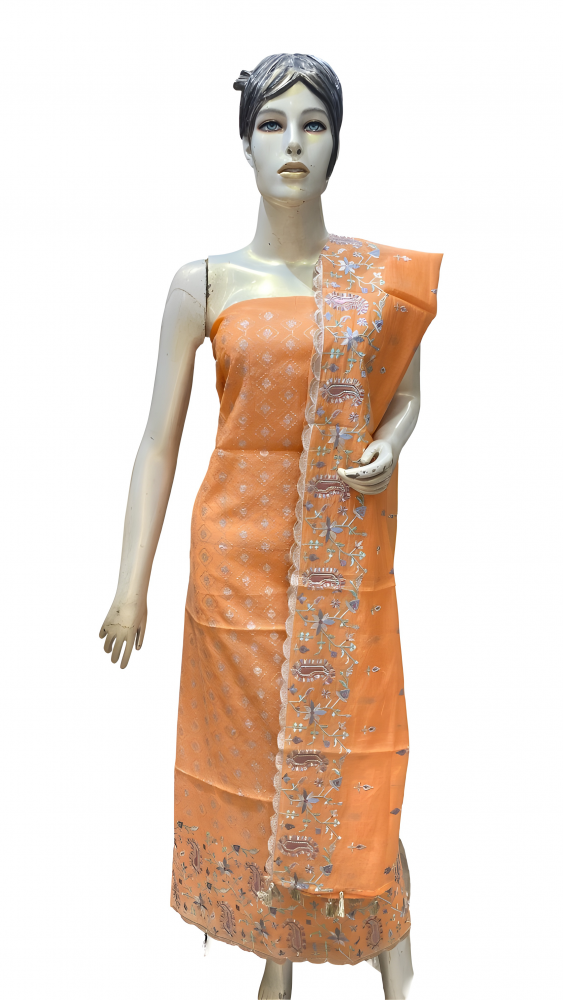 Orange Chanderi 3 Peice Unstiched Suit With Front Embroidered Top and Embroidered Border Dupatta. Sku 120121