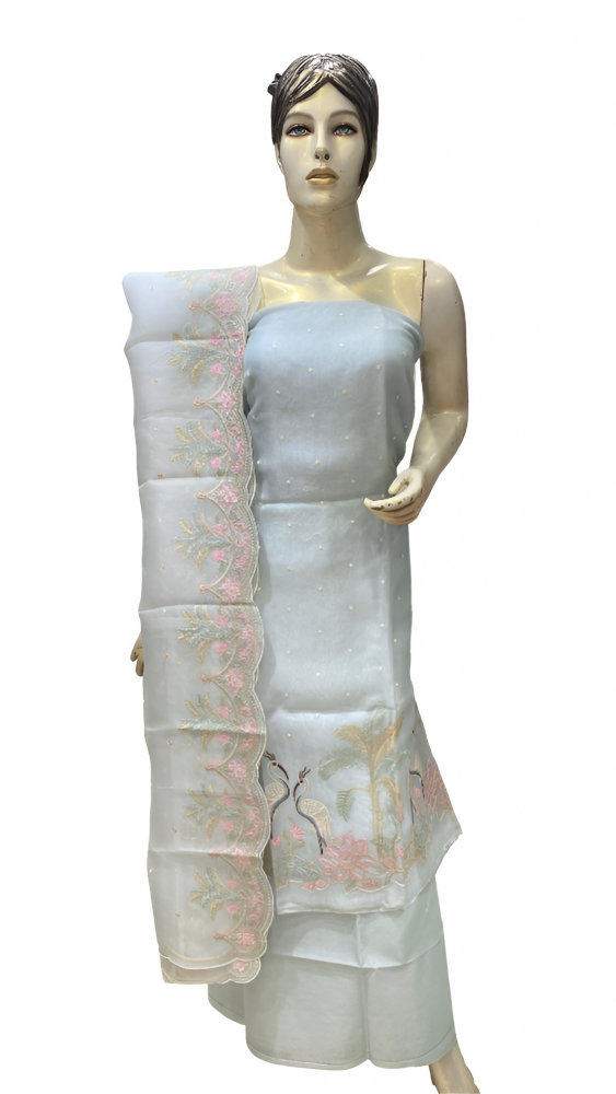 Sky Blue Organza 3 Peice Unstiched Suit WithThread Embroidered Bird Daman And Organza Dupatta. Sku 120336