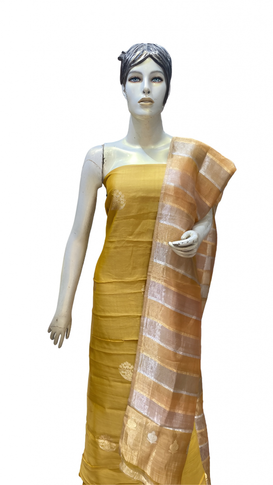 Mustard Yellow Silk Two Piece Kadua Buta Suit With Striped Tissue Dupatta. Sku 118451