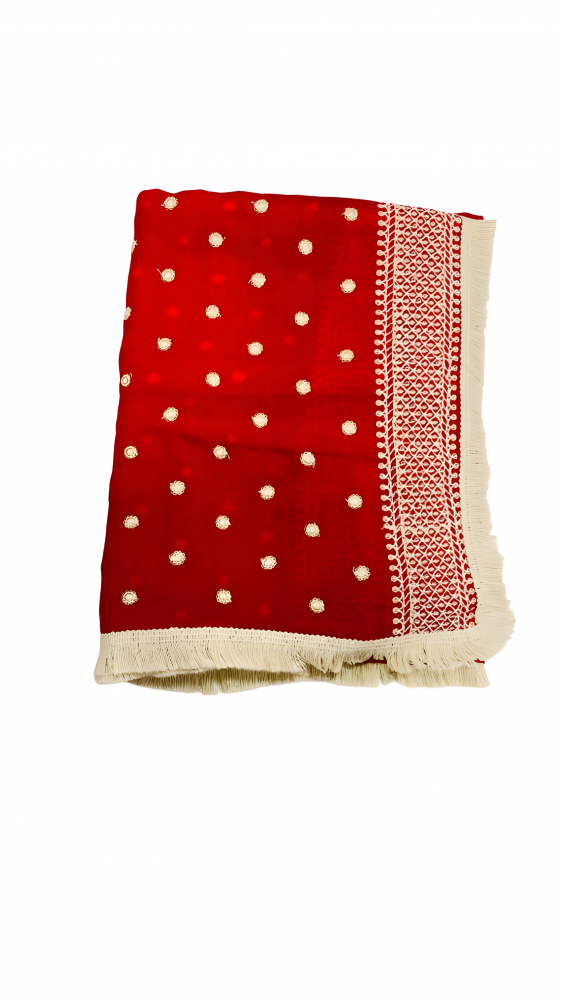 Red Crape Shiffon Dupatta With White Thread Buti And Jhallar Lace Border. Sku 115806