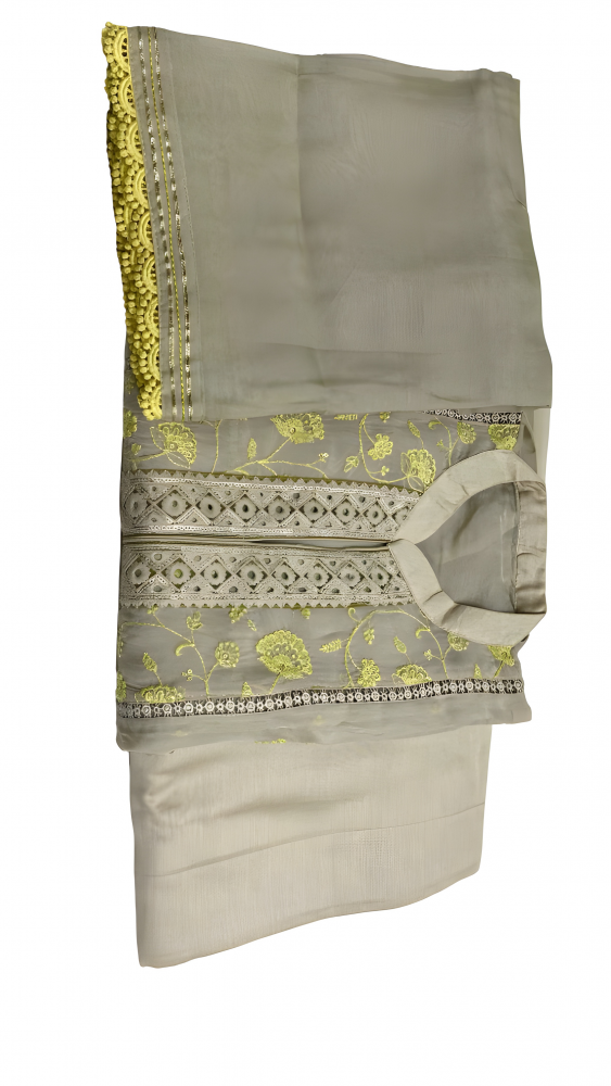 Beige Organza 3 Piece Embroidered Suit With Organza Dupatta. Sku 120676