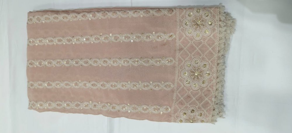 Peachish Pink Crape Dupatta With Thread Embroidery. Sku 107911