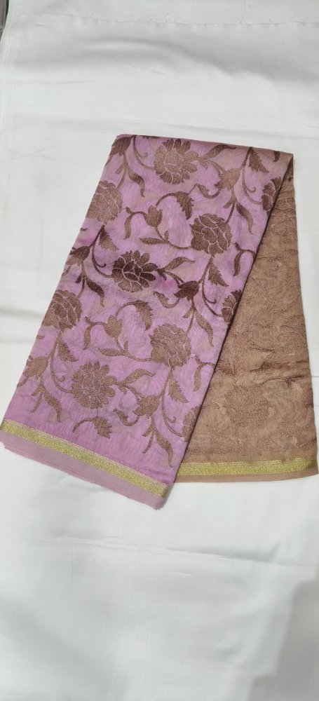 Pink Beige Double Shade Chanderi Dupatta With Resham Flower Jaal. Sku 108146