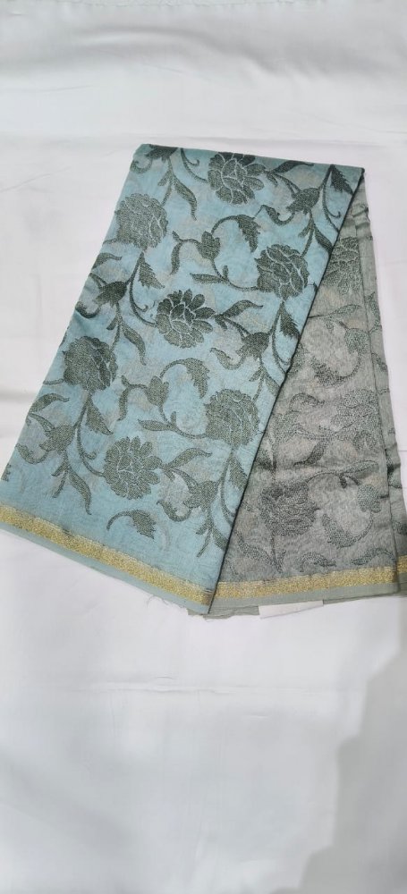 Firozi Blue Pista Green Double Coloured Chanderi Dupatta With Resham Flower Jaal. Sku 108146