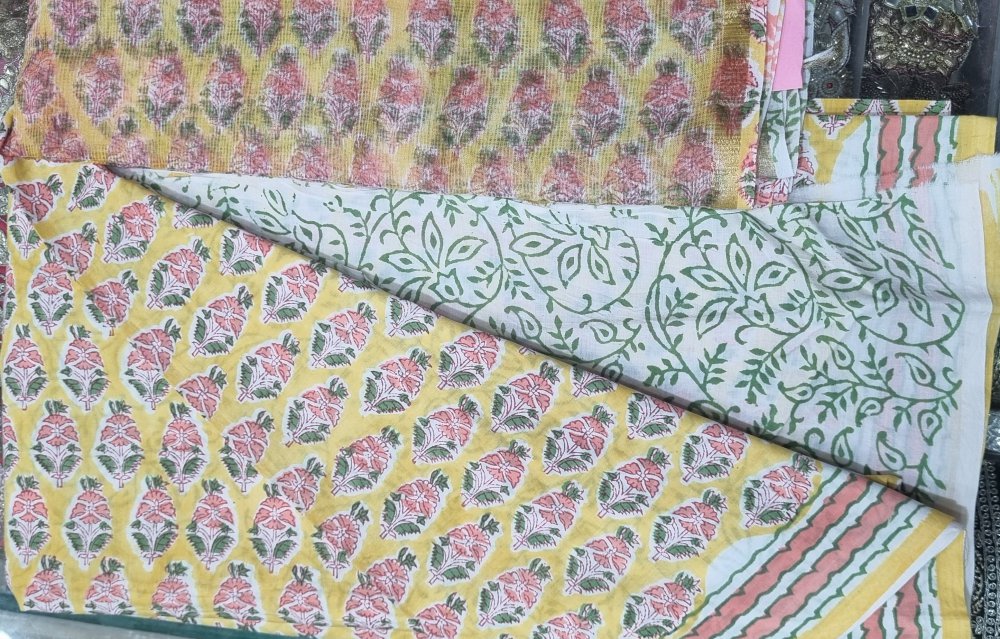Yellow Cotton Block Printed Three Peice Unstiched Suit With Kota Doriya Dupatta. Sku 120924