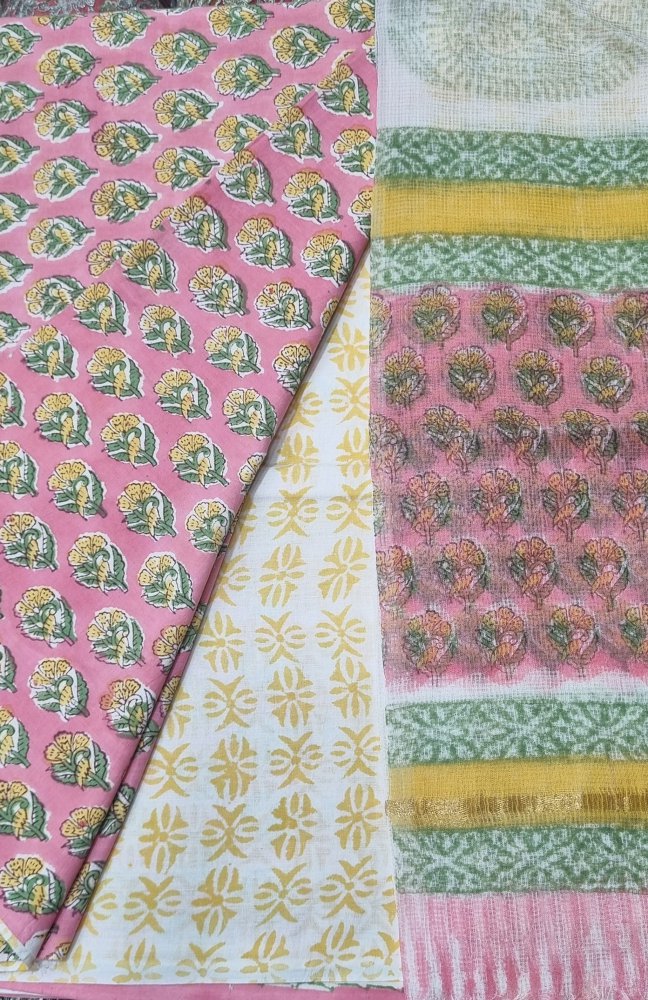 Pink Cotton Block Printed Three Piece Unstiched Suit With Kota Dupatta. Sku 120924
