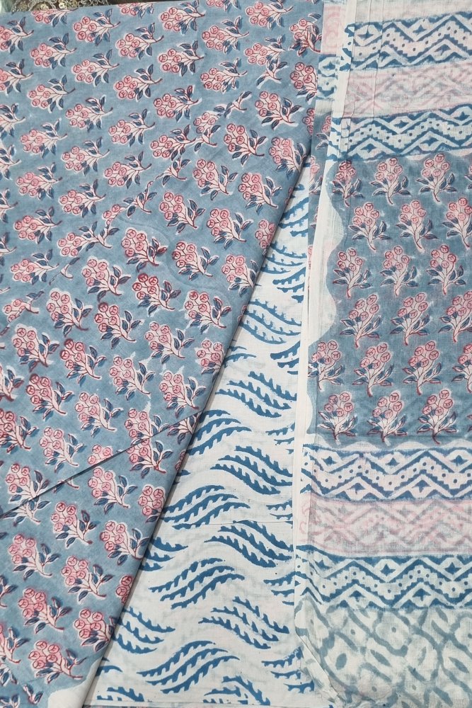 Blue Cotton Block Printed Three Piece Unstiched Suit With Printed Mul Dupatta. Sku 120923