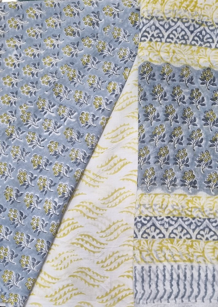 Grey Cotton Block Printed Three Piece Unstiched Suit With Printed Mul Dupatta.Sku 120923