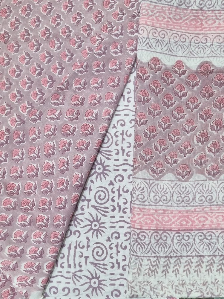Plum Cotton Block Printed Three Piece Unstiched Suit With Mul Dupatta. Sku 120923