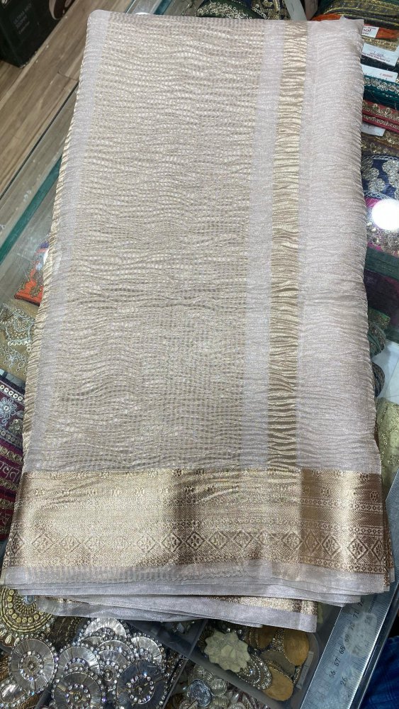 Water Gold Crush Tissue Saree With Gold Zari Border. Sku 120382