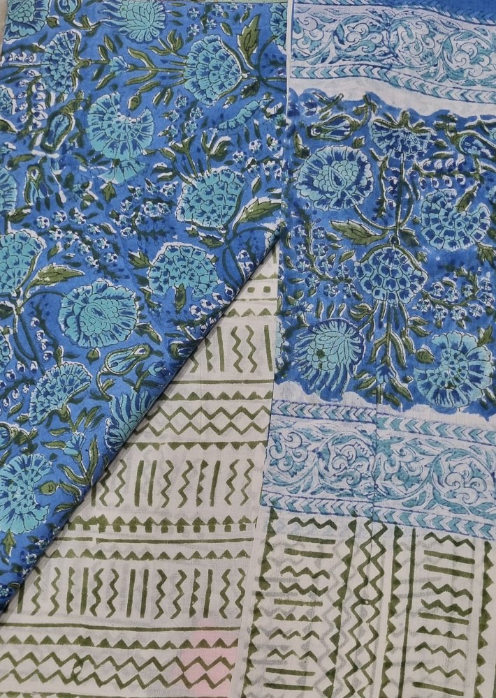 Blue Cotton Three Peice Hand Blocked Unstiched Suit With Mul Dupatta. Sku 120923