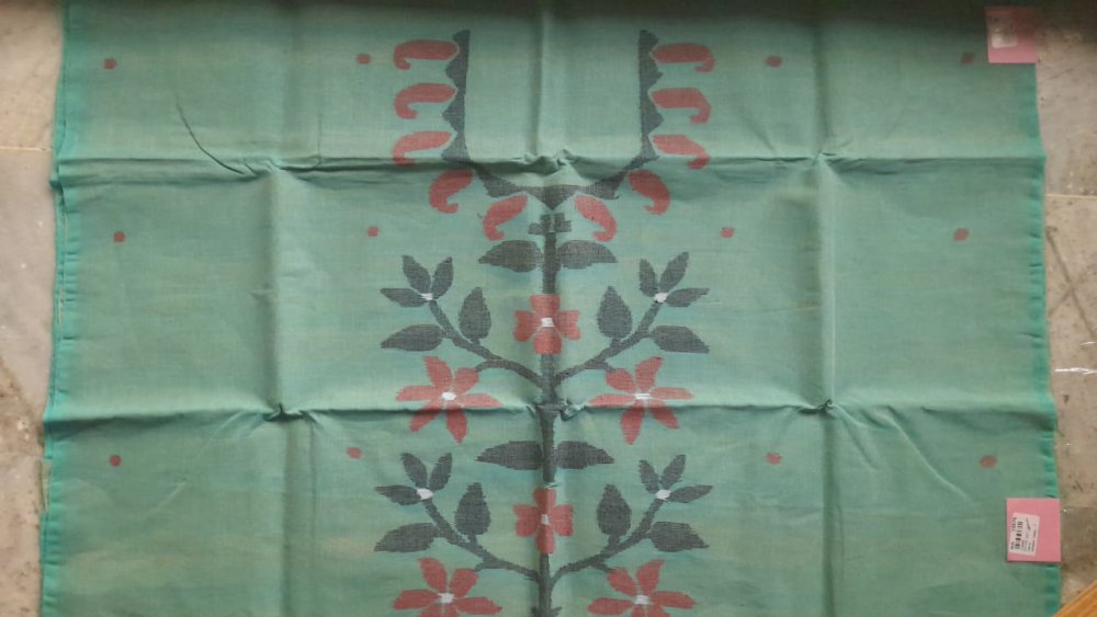 Green Jamdani Cotton Suit with Red Floral & Polka Dot Dupatta sku-118888