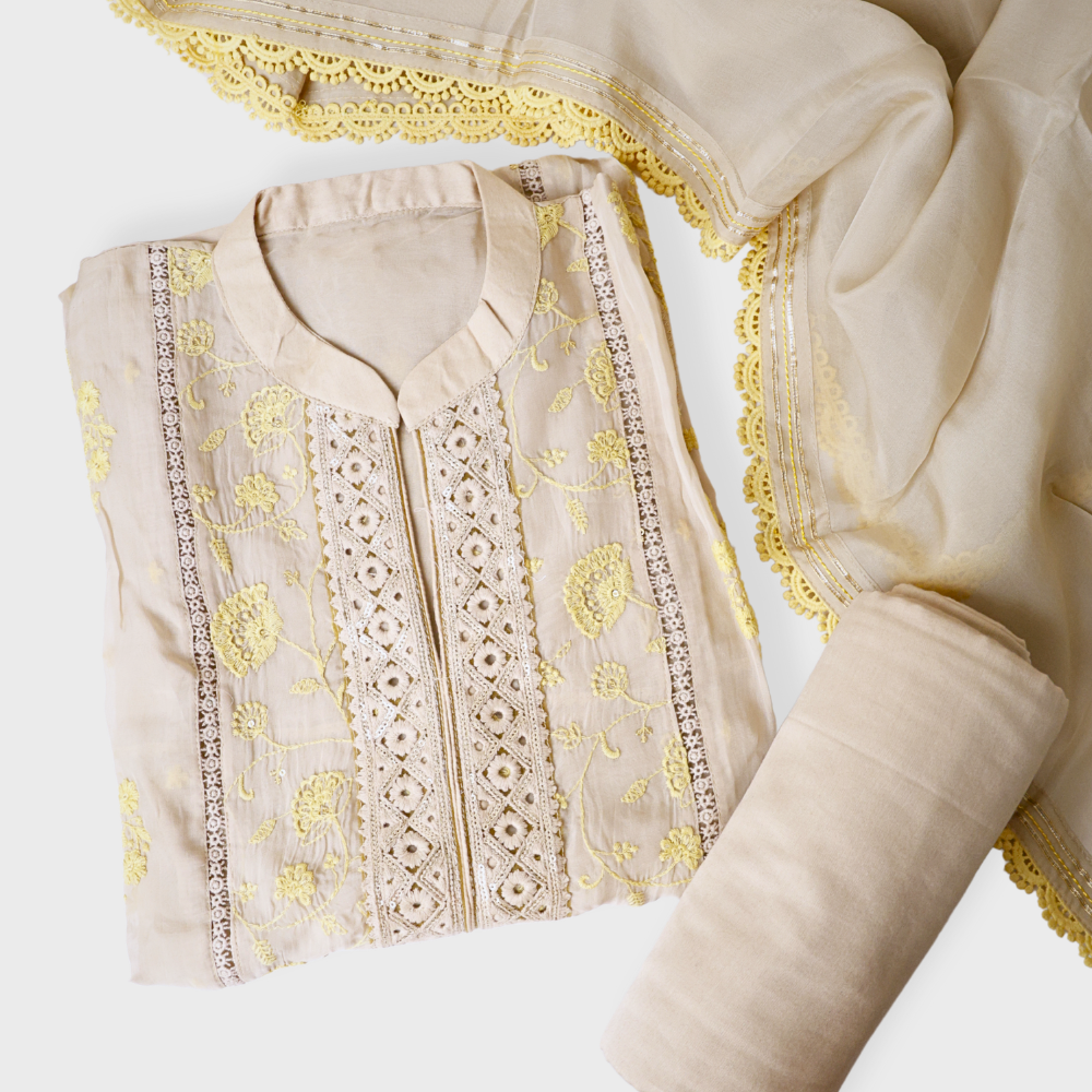 Beige Organza Three Piece Embroidered Suit With Organza Dupatta. Sku 120676