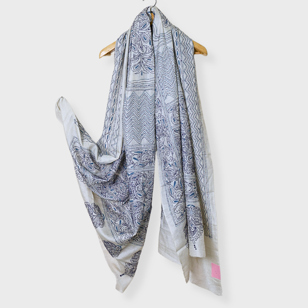 Off White Pure Tusser Dupatta With Grey Blue Katha Work. Sku 120213