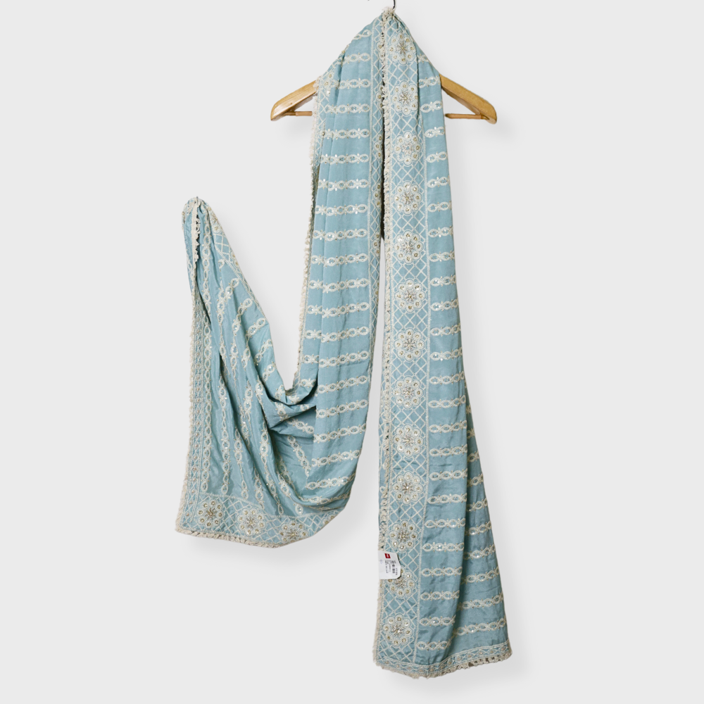 Blue Crape Dupatta With Thread Embroidery. Sku 107911