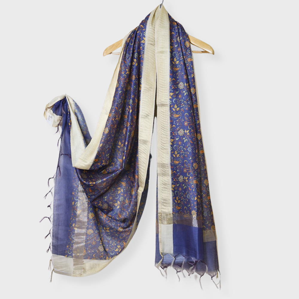 Navy Blue Chanderi Dupatta With All Over Print And Gold Zari Border. Sku 110737