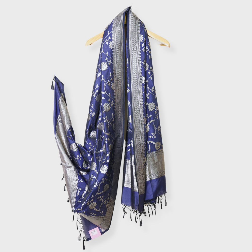 Navy Blue Silk Banarasi Dupatta. Sku 116933