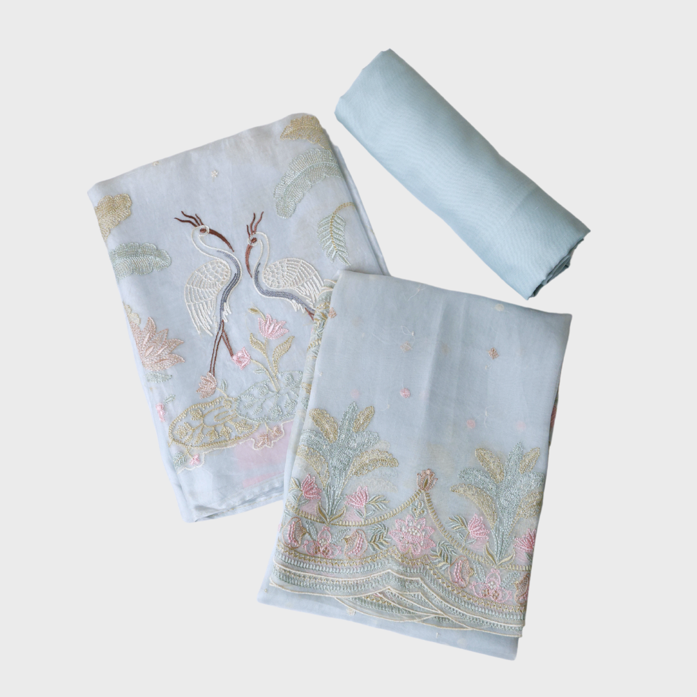 Sky Blue Organza Unstitched Suit with Embroidered Bird Daman & Organza Dupatta. Sku 120336