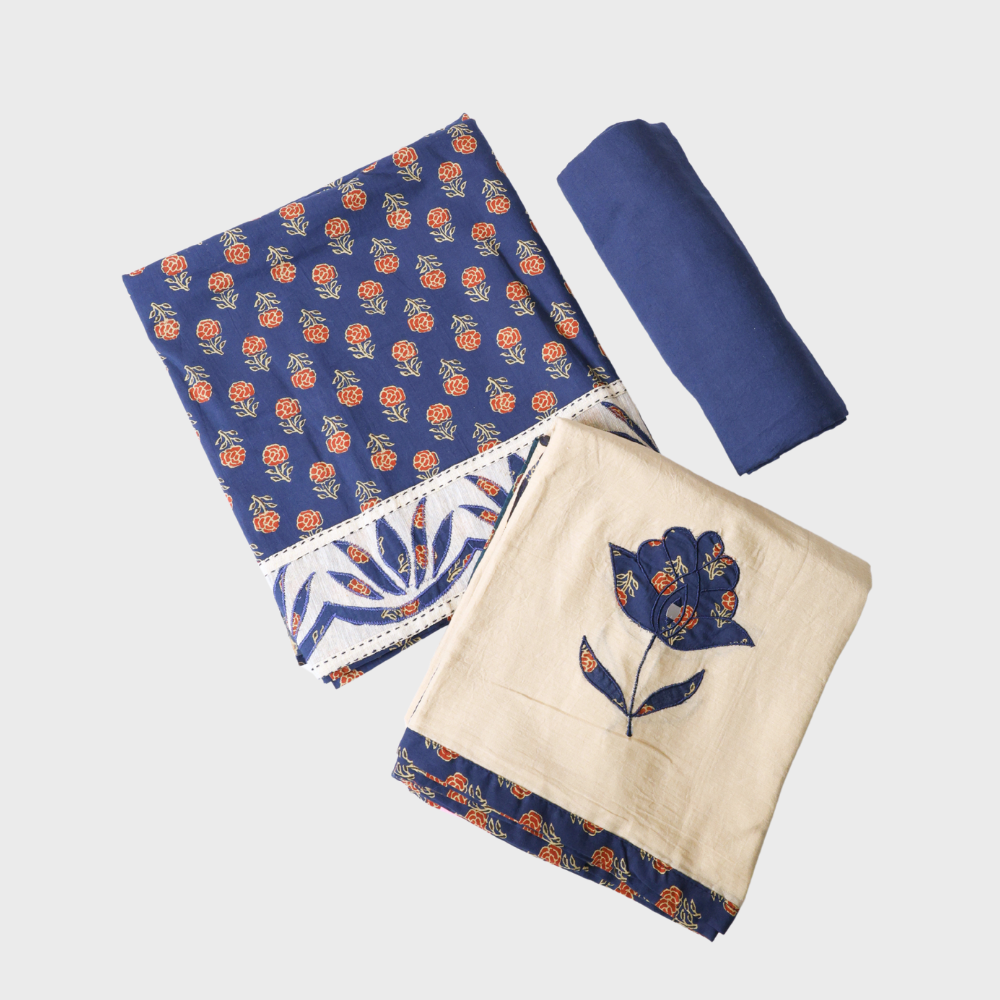 Navy Blue & Cream Cotton Three-Piece Suit with Floral Embroidery sku-121255