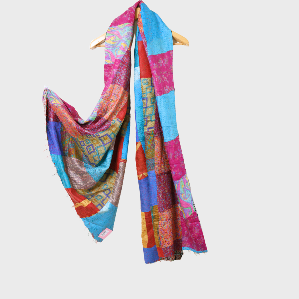 Multicolor Block Print Tussar Silk Dupatta with Katha & Patch Work Sku-121239