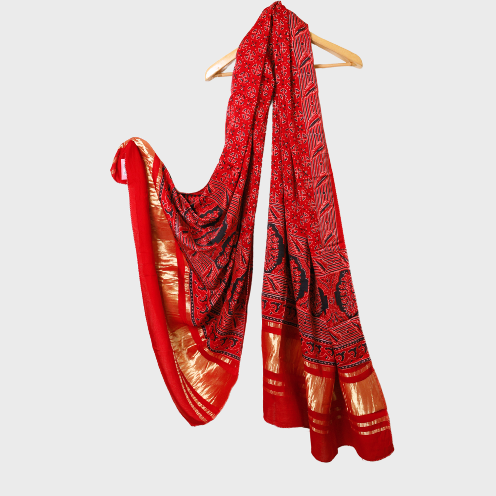 Red Gaji Ajrakh Dupatta With Lagdi Patta. Sku 121049
