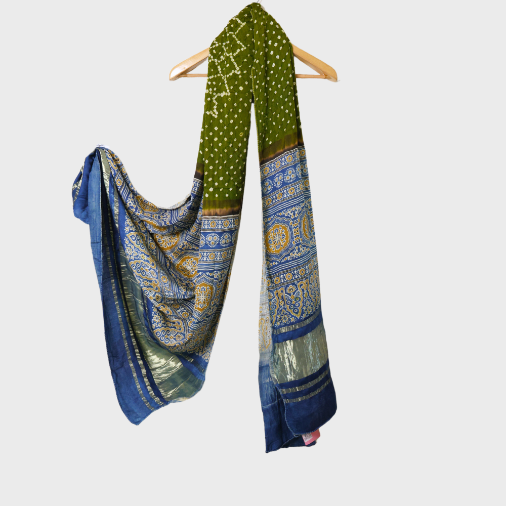Mehandi Green Gaji Bandhni Dupatta With Blue Ajrakh Border Dupatta. Sku 115169