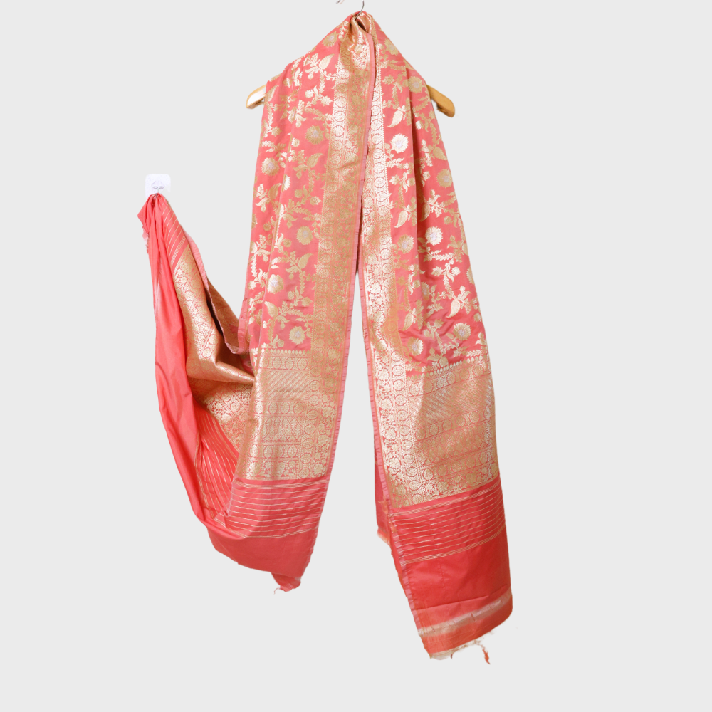 Peach Banarsi Silk Dupatta With Gold Jaal And Silver Meena . Sku 117005