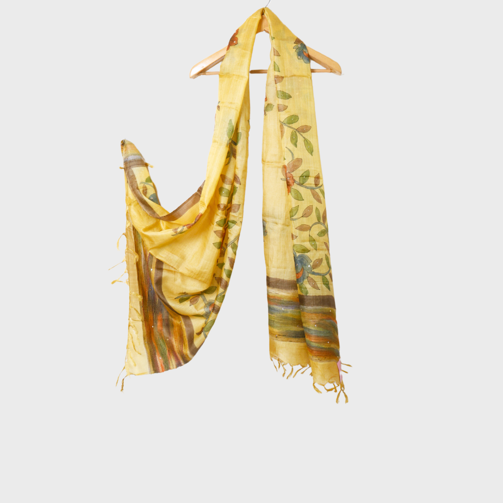 Golden Hand-Printed Tussar Dupatta. Sku 120217
