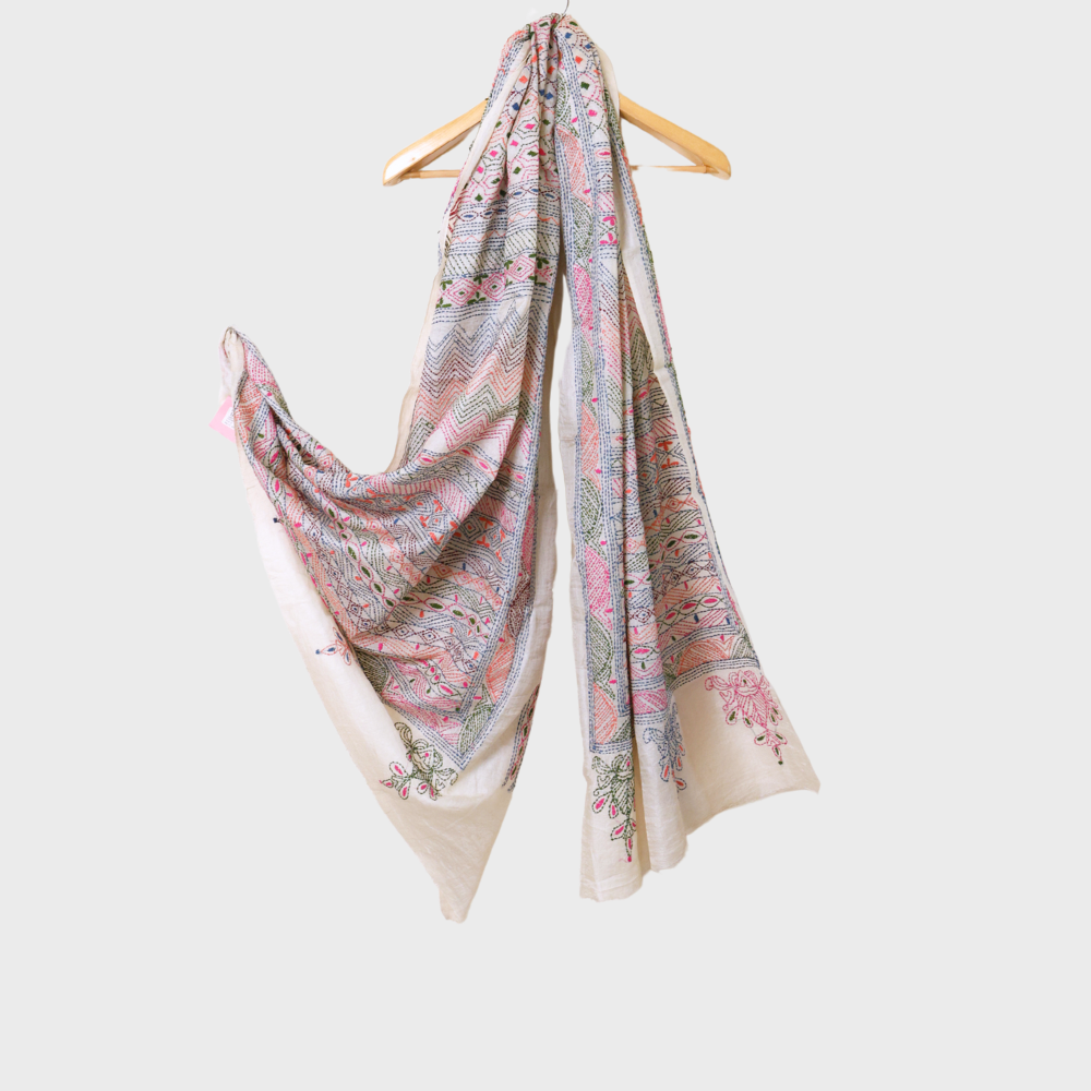 Off White Pure Tusser Dupatta With Katha Work. Sku 120213