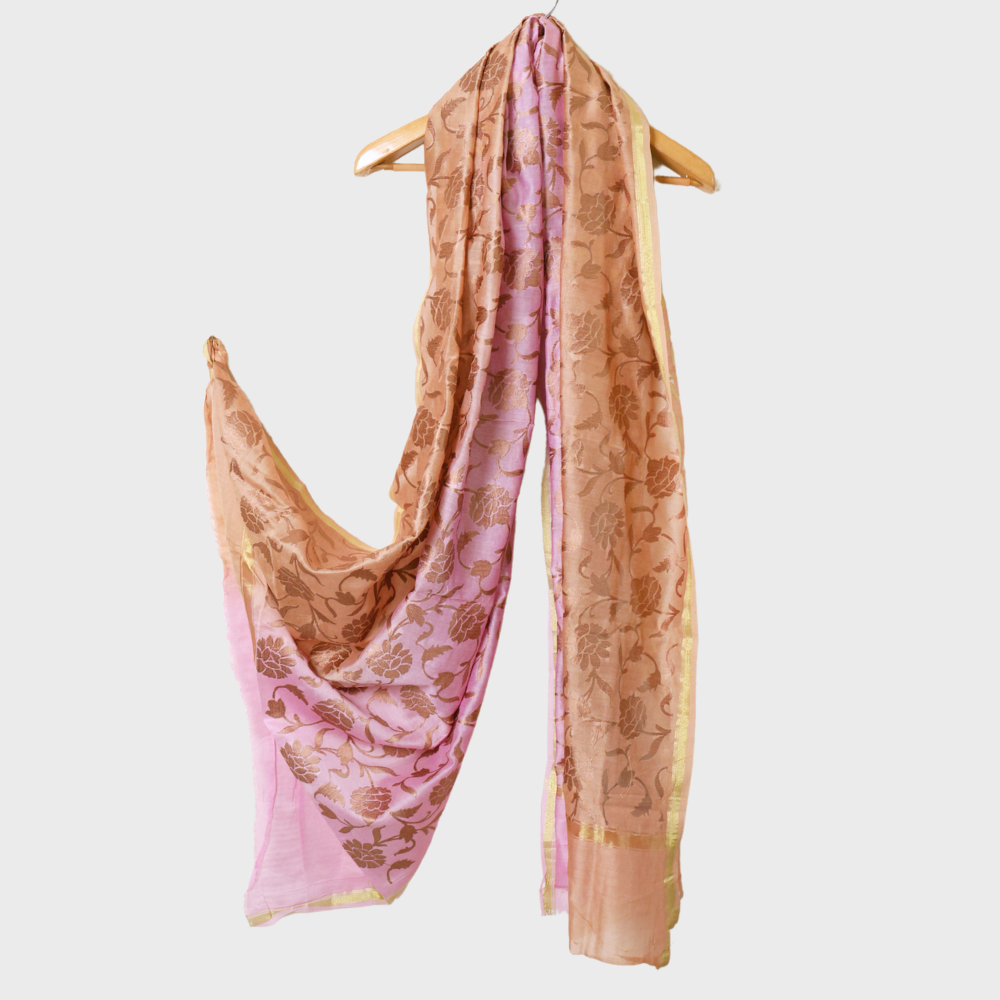 Pink Beige Double Shade Chanderi Dupatta With Resham Flower Jaal. Sku 108146
