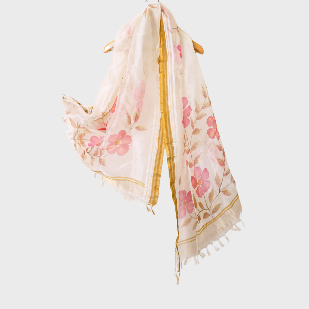 Off White Pure Organza Dupatta With Brush Painting. Sku 118128