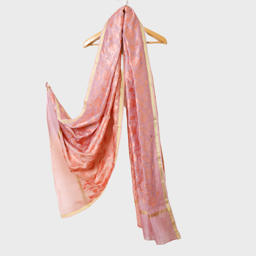 Peach Purple Double Shade Chanderi Dupatta With Resham Flower Jaal. Sku 108146