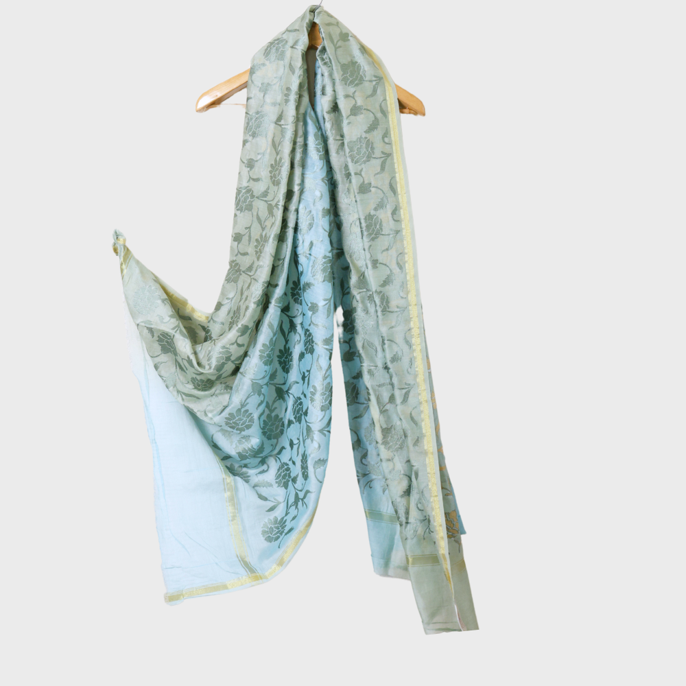 Firozi Blue Pista Green Double Coloured Chanderi Dupatta With Resham Flower Jaal. Sku 108146