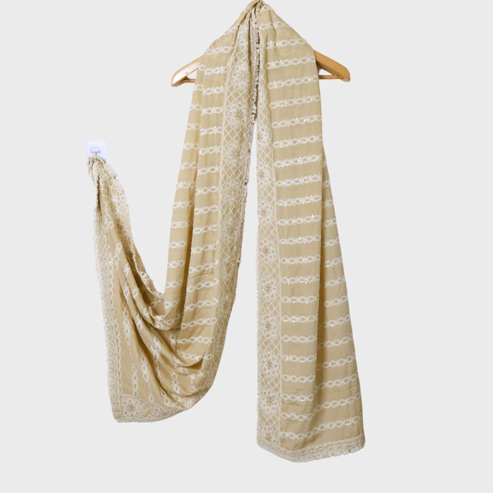 Beige Crape Dupatta With Thread Embroidery. Sku 107911
