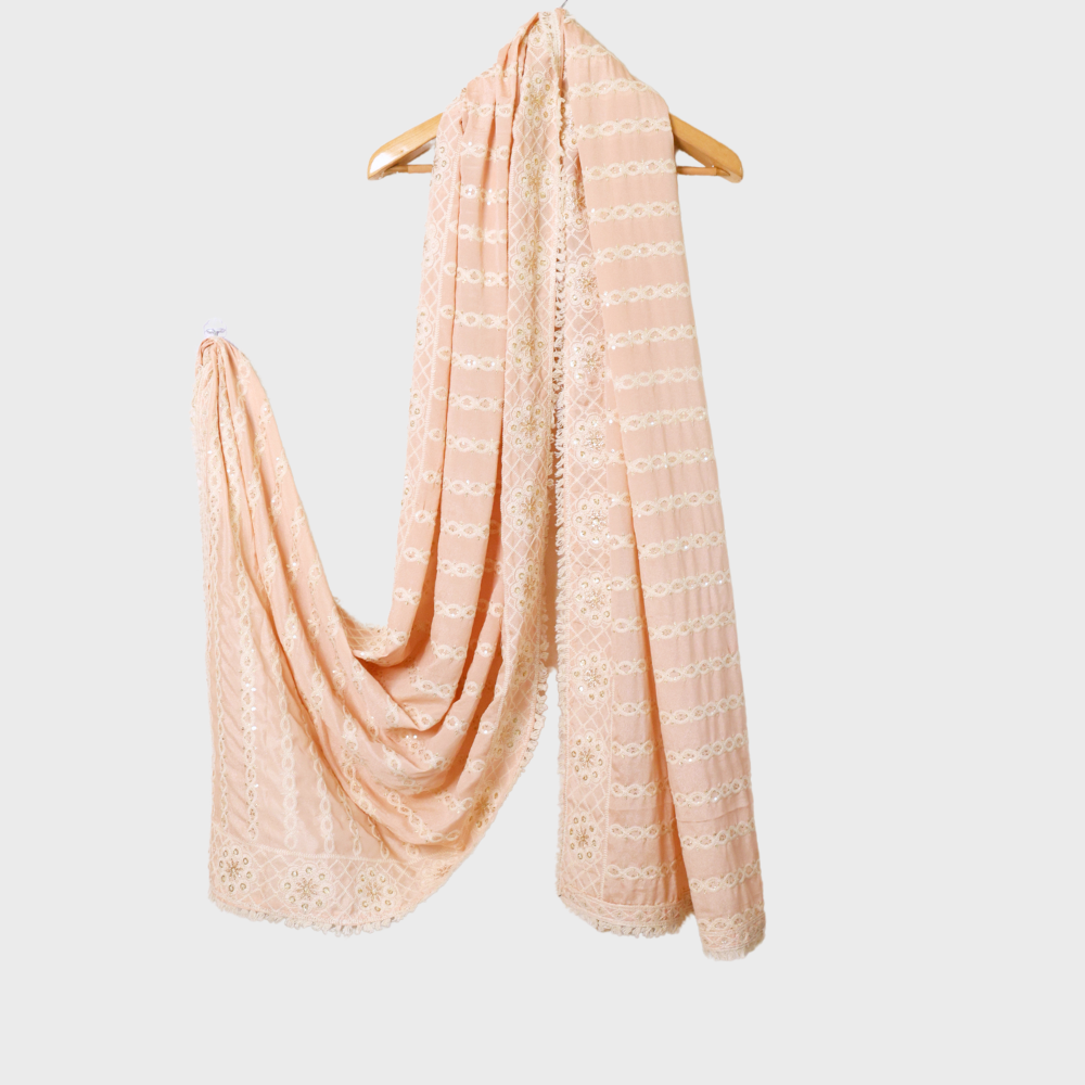 Peachish Pink Crape Dupatta With Thread Embroidery. Sku 107911