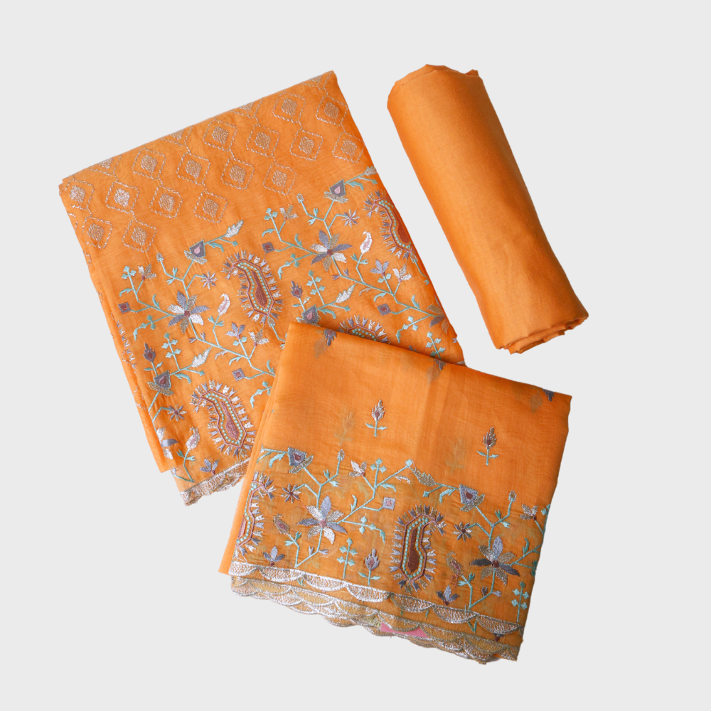 Orange Chanderi Three Peice Unstiched Suit With Front Embroidered Top and Embroidered Border Dupatta. Sku 120121