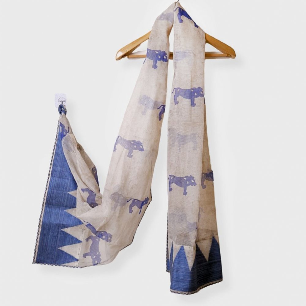 Beige Organza Tissue Self Striped Dupatta With Animal Print. Sku 102411