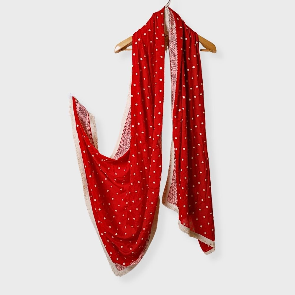 Red Crape Shiffon Dupatta With White Thread Buti And Jhallar Lace Border. Sku 115806