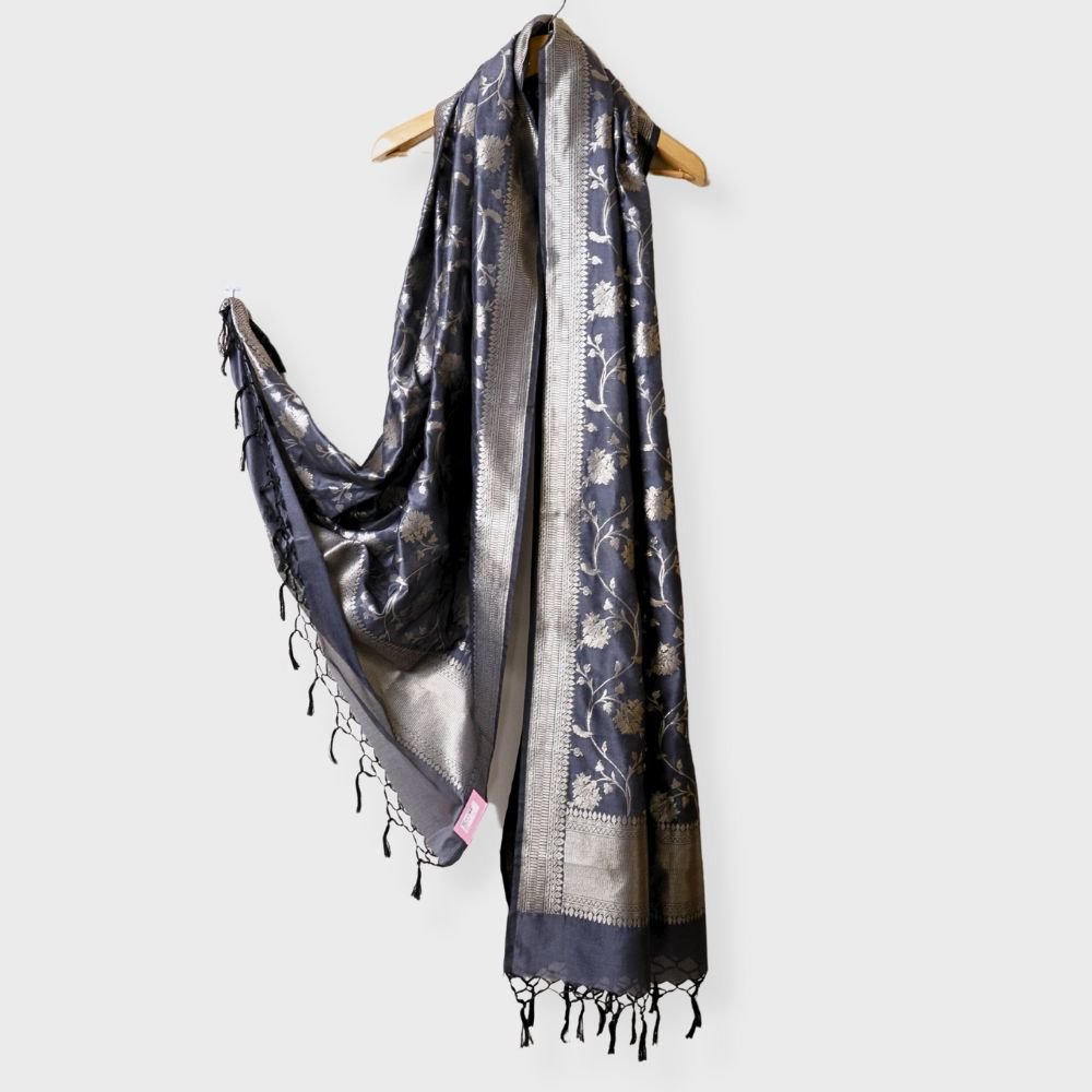 Grey Silk Banarsi Dupatta With Zari Jaal.Sku 116933