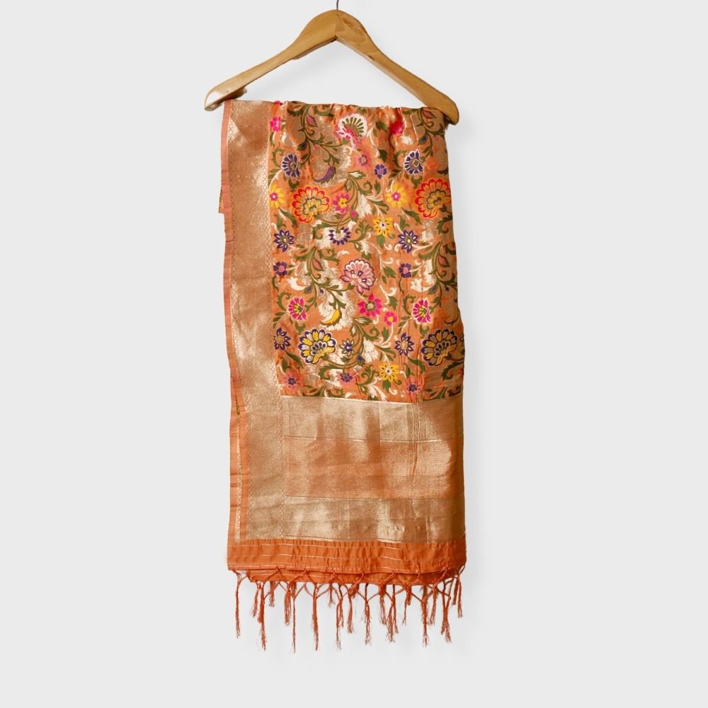 Peach Silk Banarsi Kinkhab Dupatta. Sku 110374