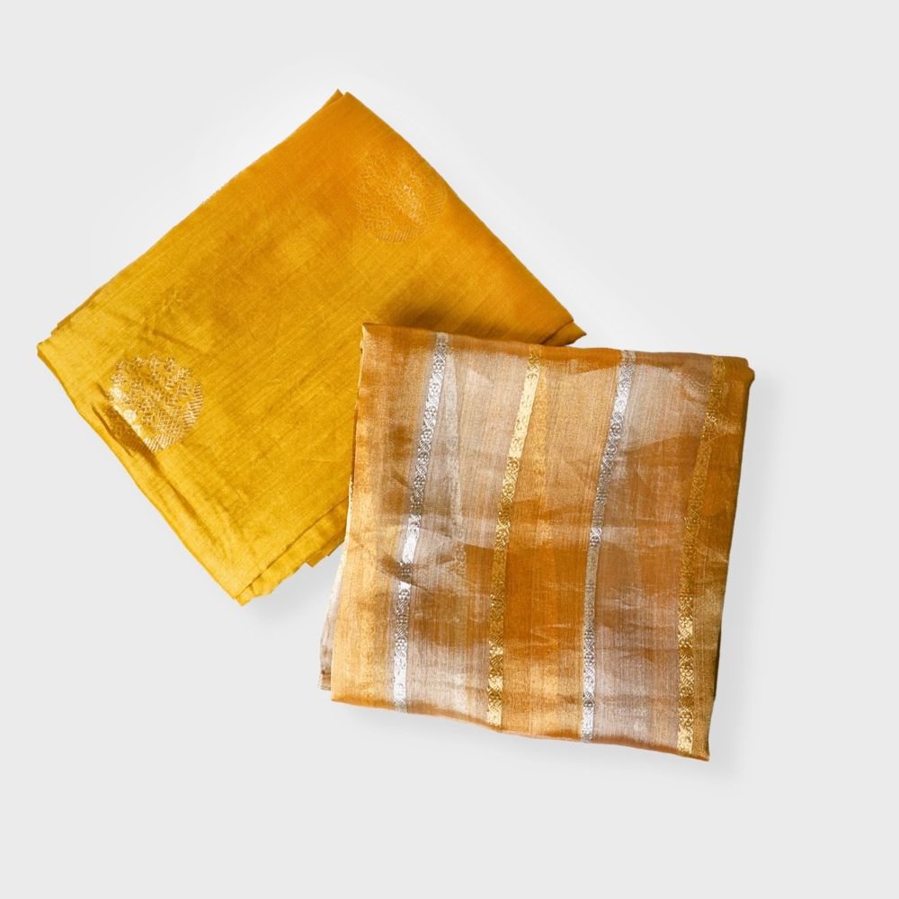 Mustard Yellow Silk Two Piece Kadua Buta Suit With Striped Tissue Dupatta. Sku 118451