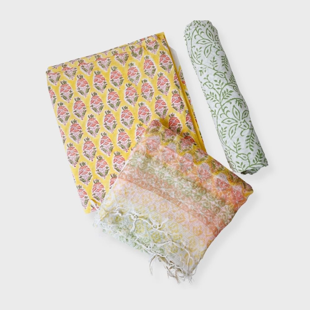 Yellow Cotton Block Printed Three Peice Unstiched Suit With Kota Doriya Dupatta. Sku 120924