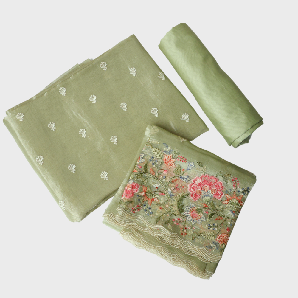 Green Tissue Three Piece Unstitched Suit With Thread Work Around The Border. Sku- 117805