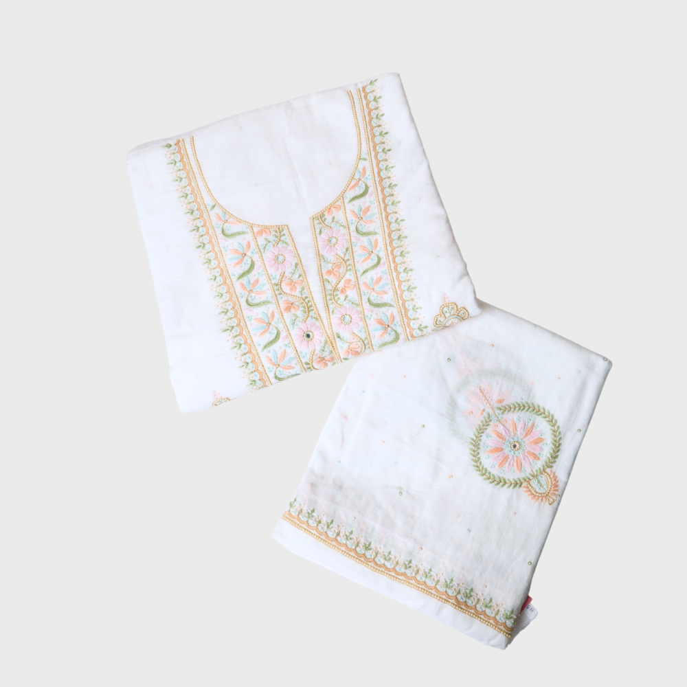 White Cotton Two Piece Suit With Thread Work Embroidery. Sku- 119566