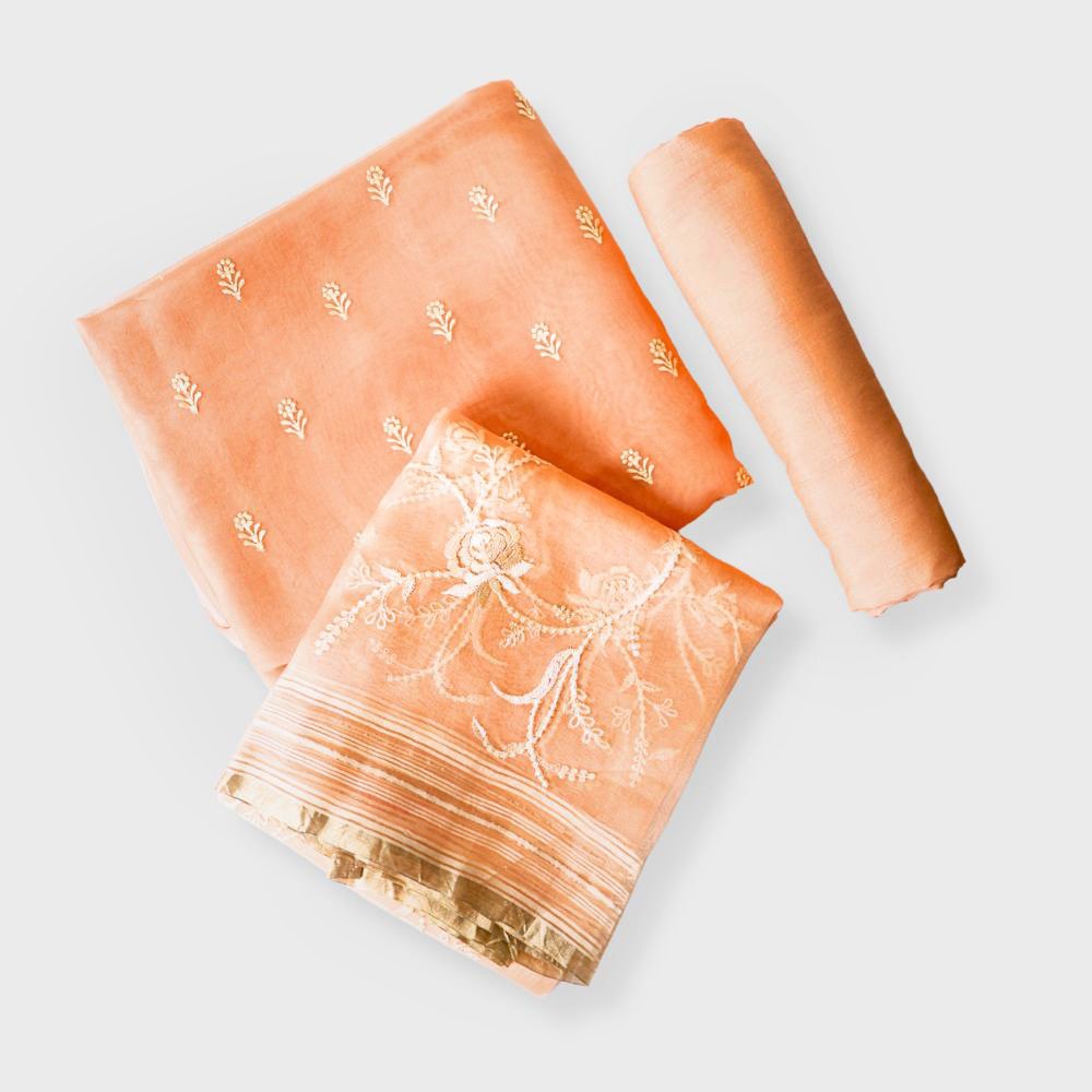 Orange Organza Three Peice Unstiched Suit With All Over Embroidered Organza Dupatta. Sku-115558