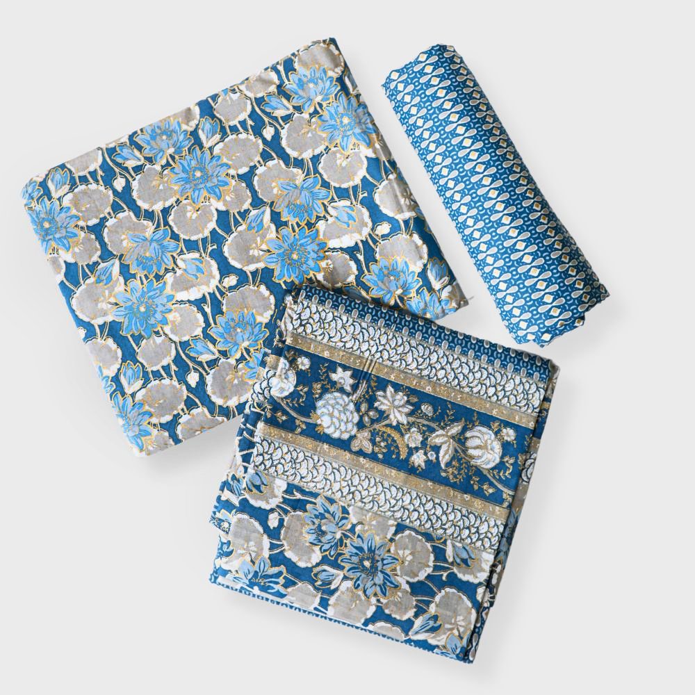Blue Cotton Three Piece Unstiched Suit With Hand Block And Foil Print. Sku 118991