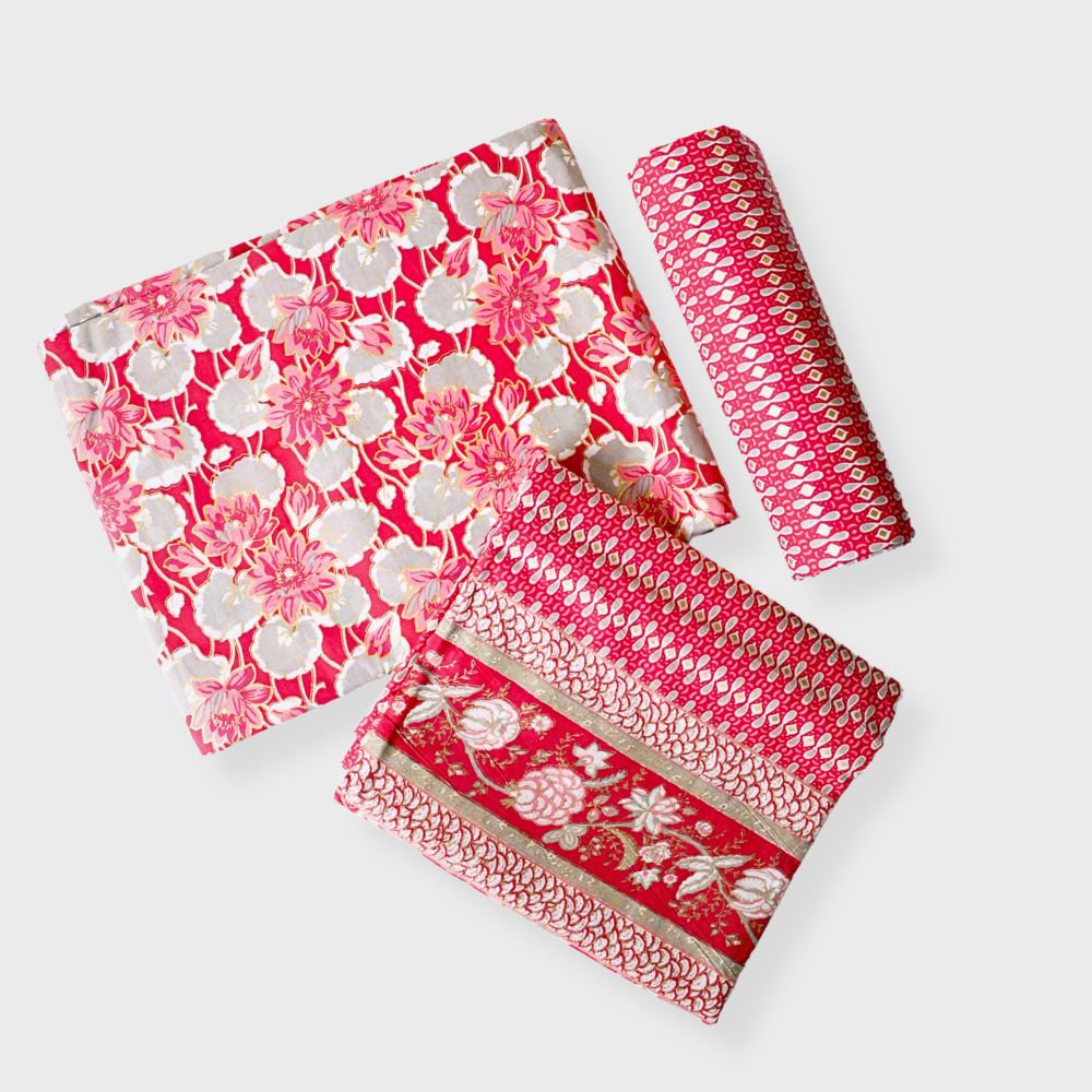 Pink Cotton Three Piece Unstiched Suit With Hand Block And Foil Print. Sku 118991